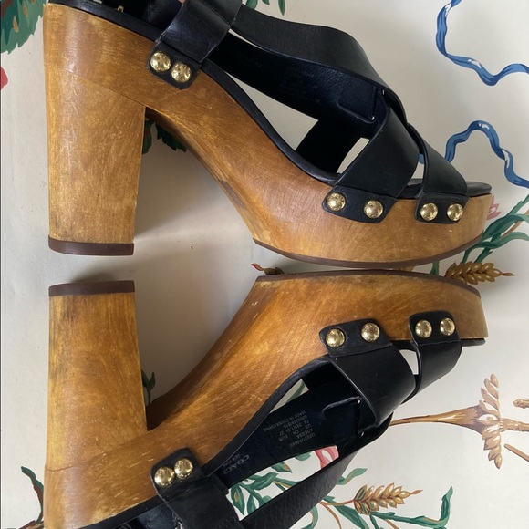 Coach Strappy Black Leather Platform Wooden Clogs - Picture 4 of 9
